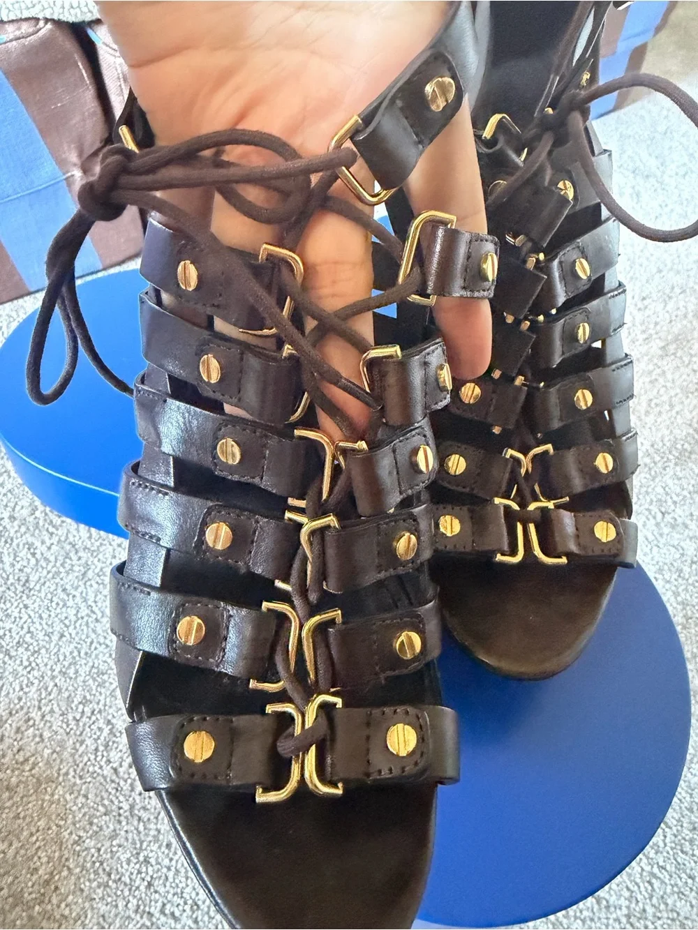 Tory Burch Dark Brown Strappy Gladiator Heels with Gold Accents